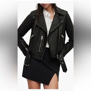 AllSaints Black Leather Biker Jacket with Silver Hardware